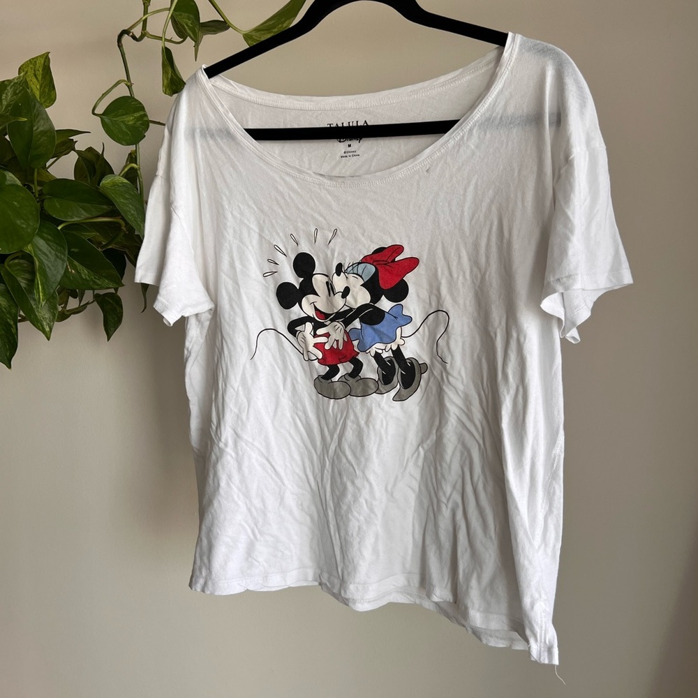 Disney Women's White Mickey and Minnie Short Sleeve Tee